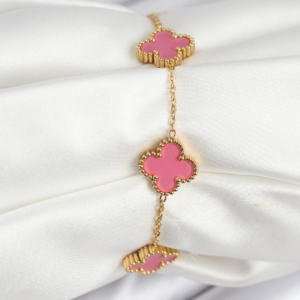 316L Çelik Gold Zincir Pembe Yonca Renk Bileklik 5886
