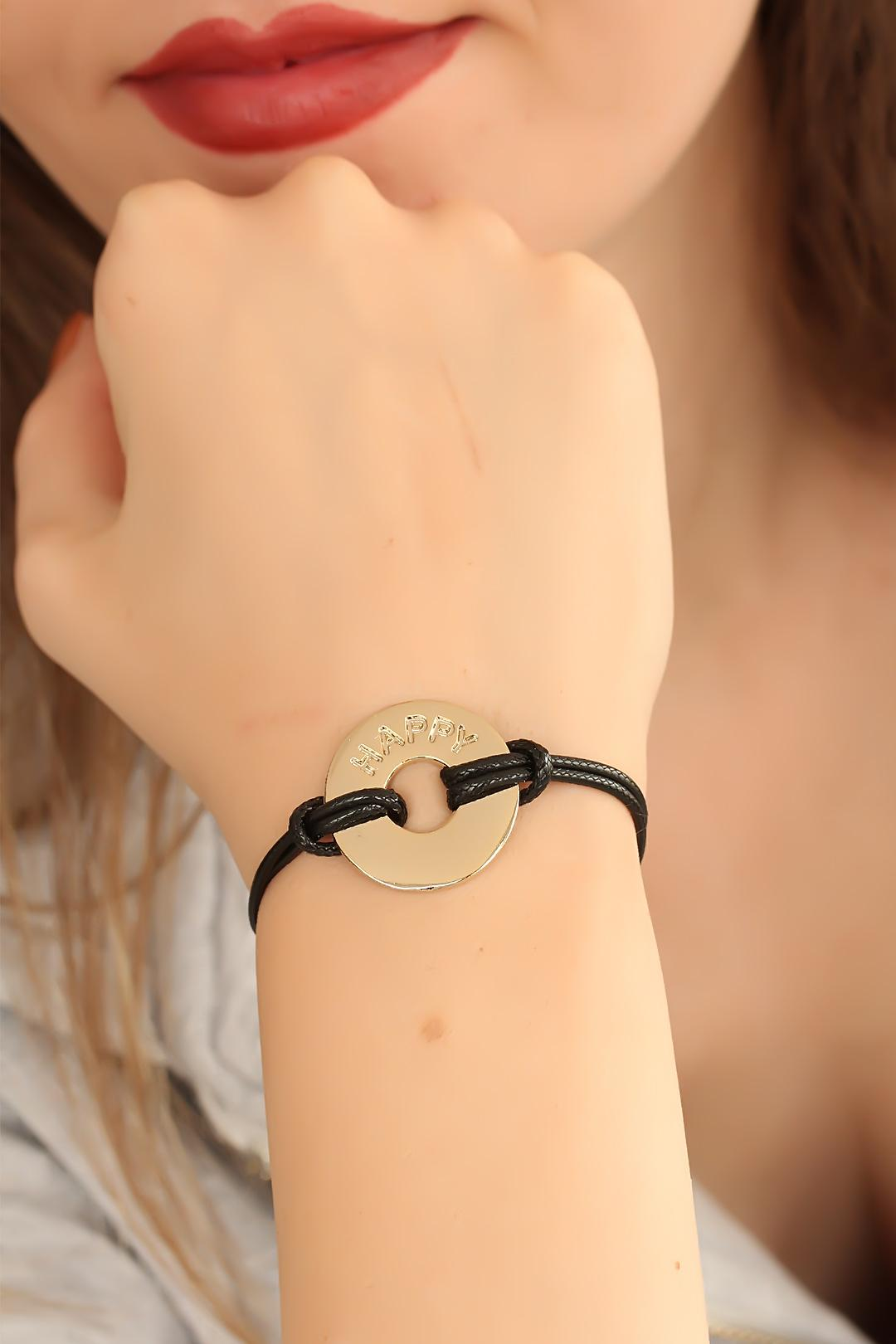 HAPPY (Mutlu) Siyah Deri İpli Unisex Mood Bileklik 5886 1 HAPPY (Mutlu) Siyah Deri İpli Unisex Mood Bileklik 5886