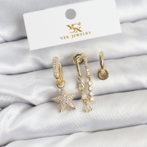 Pirinç Gold Renk Zirkon Taşlı Yıldız Vintage Model YSX Trio Küpe Seti 5886