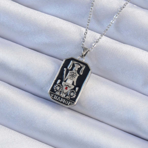 316L Çelik Zincir Gümüş Renk Siyah Mineli Tarot Kolye 5886