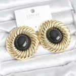 Pirinç Gold Renk Siyah Boncuklu Vintage Kadın Küpe 5886