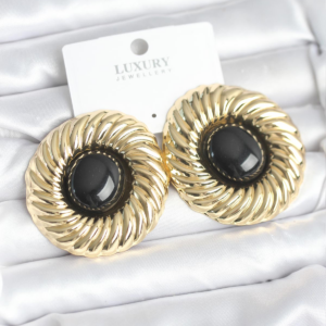 Pirinç Gold Renk Siyah Boncuklu Vintage Kadın Küpe 5886