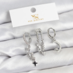 Pirinç Gümüş Renk Zirkon Taşlı Uzay Model YSX Trio Küpe Seti 5886