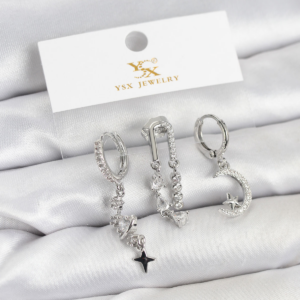 Pirinç Gümüş Renk Zirkon Taşlı Uzay Model YSX Trio Küpe Seti 5886