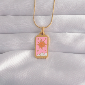 316L Çelik Gold Renk Pembe Mineli Güneş Model Tarot Kolye 5886