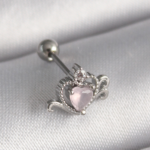 316L Çelik Gümüş Renk Pembe Mineli Kalp Zirkon Taş Detay Tragus Piercing 5886