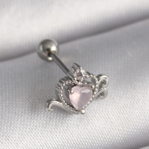 316L Çelik Gümüş Renk Pembe Mineli Kalp Zirkon Taş Detay Tragus Piercing 5886