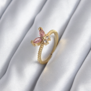 Gold Renk Pembe Zirkon Taşlı Kelebek Model Kadın Yüzük 5886