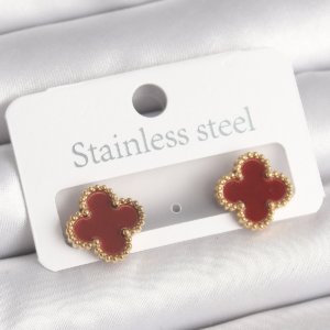 Pirinç Gold Renk Bordo Yonca Model Kadın Küpe 5886