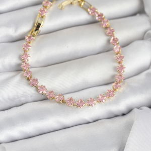 Pembe Kare Zirkon Taşlı Gold Renk Pirinç Su Yolu Kadın Bileklik 5886