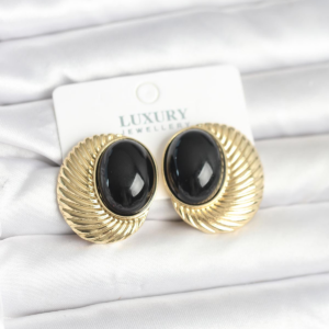 Pirinç Gold Renk Siyah Boncuklu Oval Vintage Kadın Küpe 5886