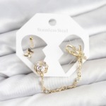 Pirinç Gold Renk Kelebekli Model Zincir Bağlantılı Ear Cuff Küpe Seti 5886