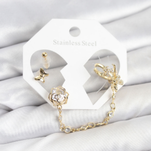 Pirinç Gold Renk Kelebekli Model Zincir Bağlantılı Ear Cuff Küpe Seti 5886