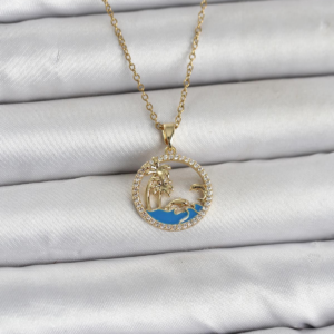 316L Çelik Zincir Gold Renk Zirkon Taşlı Deniz Temalı Kadın Kolye 5886