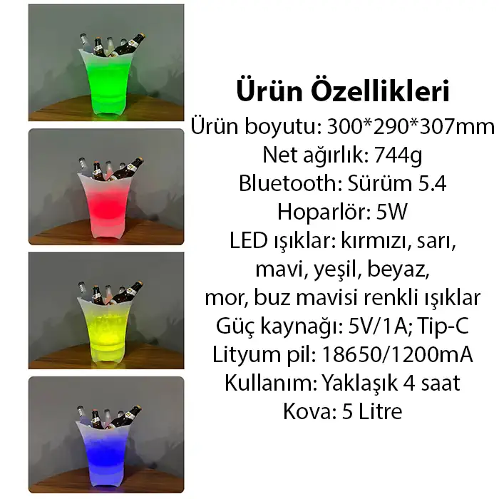 EZERE Hoparlör Buz kovası, 5l Bluetooth Hoparlör Ile Renkli Buz kovası Led-(5775) 4 EZERE Hoparlör Buz kovası, 5l Bluetooth Hoparlör Ile Renkli Buz kovası Led-(5775) - Görsel 4
