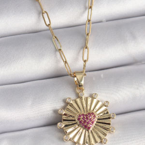 316L Çelik Gold Renk Pembe Zirkon Taşlı Kalp İşleme Madalyon Model Kadın Kolye 5886