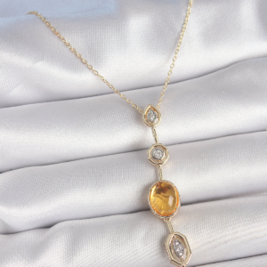 Pirinç Zincir Kehribar Sarı Gold Renk Zirkon Taşlı Y Kolye 5886