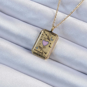 316L Çelik Zincir Eskitme Altın Renk Pembe Mineli Kalp Figürlü Tarot Kolye 5886