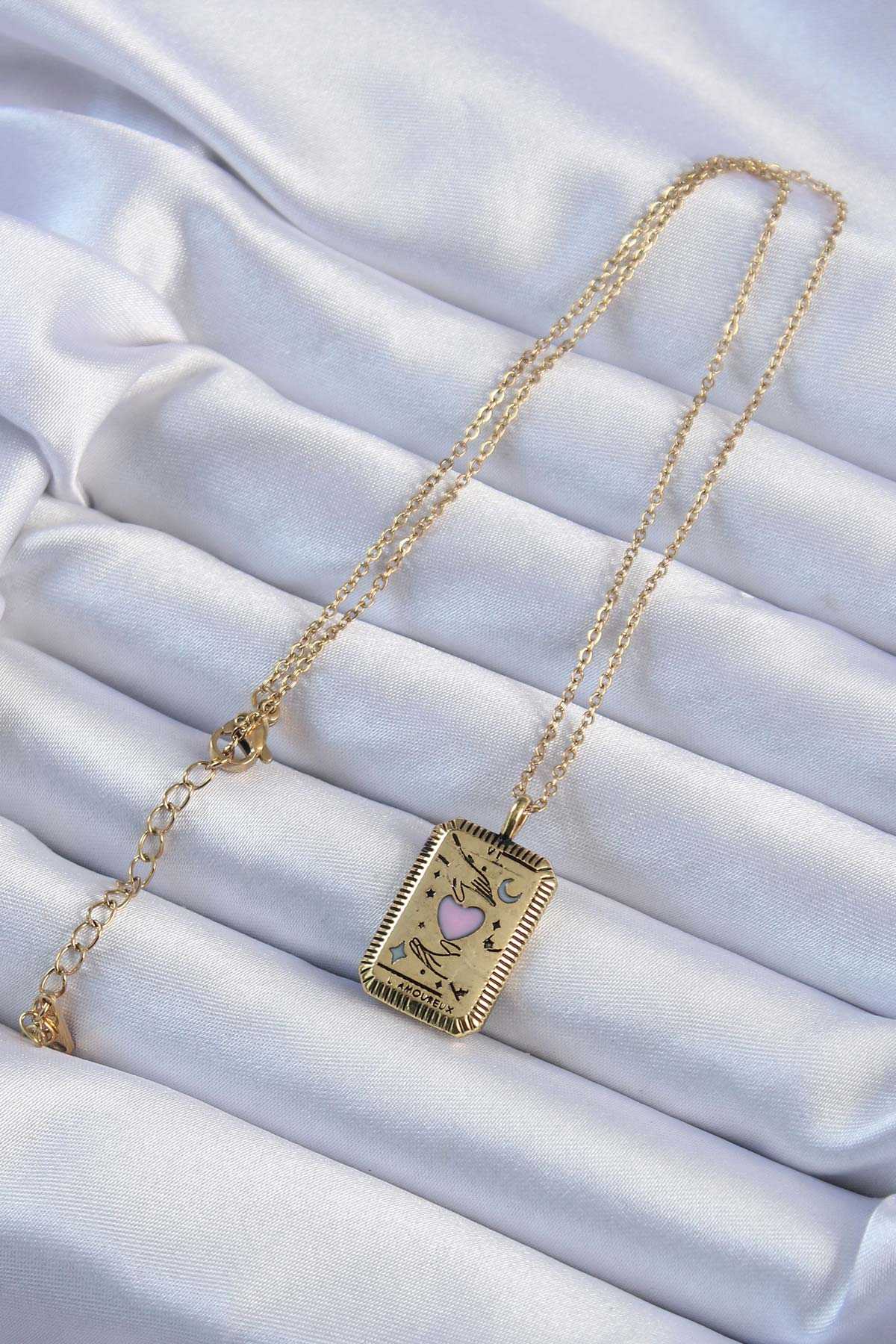 316L Çelik Zincir Eskitme Altın Renk Pembe Mineli Kalp Figürlü Tarot Kolye 5886 2 316L Çelik Zincir Eskitme Altın Renk Pembe Mineli Kalp Figürlü Tarot Kolye 5886 - Görsel 2