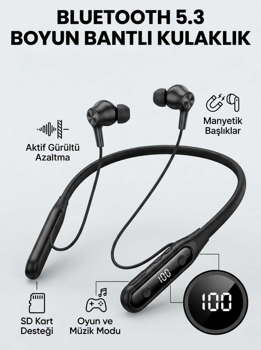Ekranlı ve SD Kart Destekli Bluetooth 5.3 Boyun Bantlı Kulaklık 1 Ekranlı ve SD Kart Destekli Bluetooth 5.3 Boyun Bantlı Kulaklık