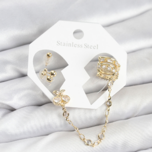 Kiraz Model Pirinç Gold Renk Zincir Bağlantılı Ear Cuff Küpe Seti 5886