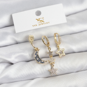 Pirinç Gold Renk Zirkon Taşlı Ay ve Yıldız Model YSX Trio Küpe Seti 5886