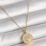 316L Çelik Gold Renk Zincir Madalyon Zirkon Taşlı Kalp Model Kadın Kolye 5886