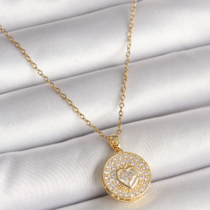 316L Çelik Gold Renk Zincir Madalyon Zirkon Taşlı Kalp Model Kadın Kolye 5886