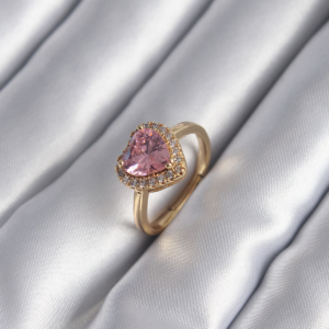 Pirinç Gold Renk Pembe Zirkon Taş Kalp Charm Model Kadın Yüzük 5886