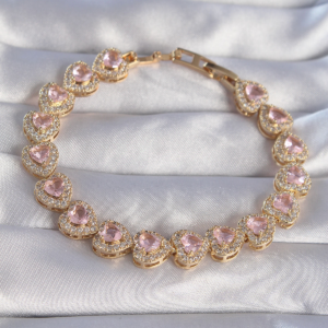 Vip Seri Pirinç Gold Renk Pembe Zirkon Taşlı Kalp Tasarımlı Bileklik 5886