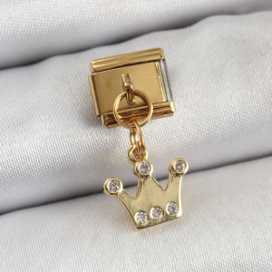 316L Çelik Sallantılı Zirkon Taşlı Kraliçe Tacı Model Gold Renk Nomination Charm 5886