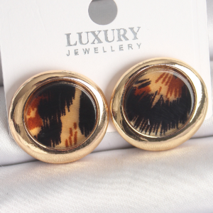 Pirinç Gold Renk Leopar Desen Daire Model Kadın Küpe 5886