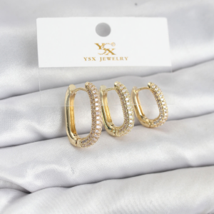 Pirinç Gold Renk Zirkon Taşlı Halka Model YSX Trio Küpe Seti 5886