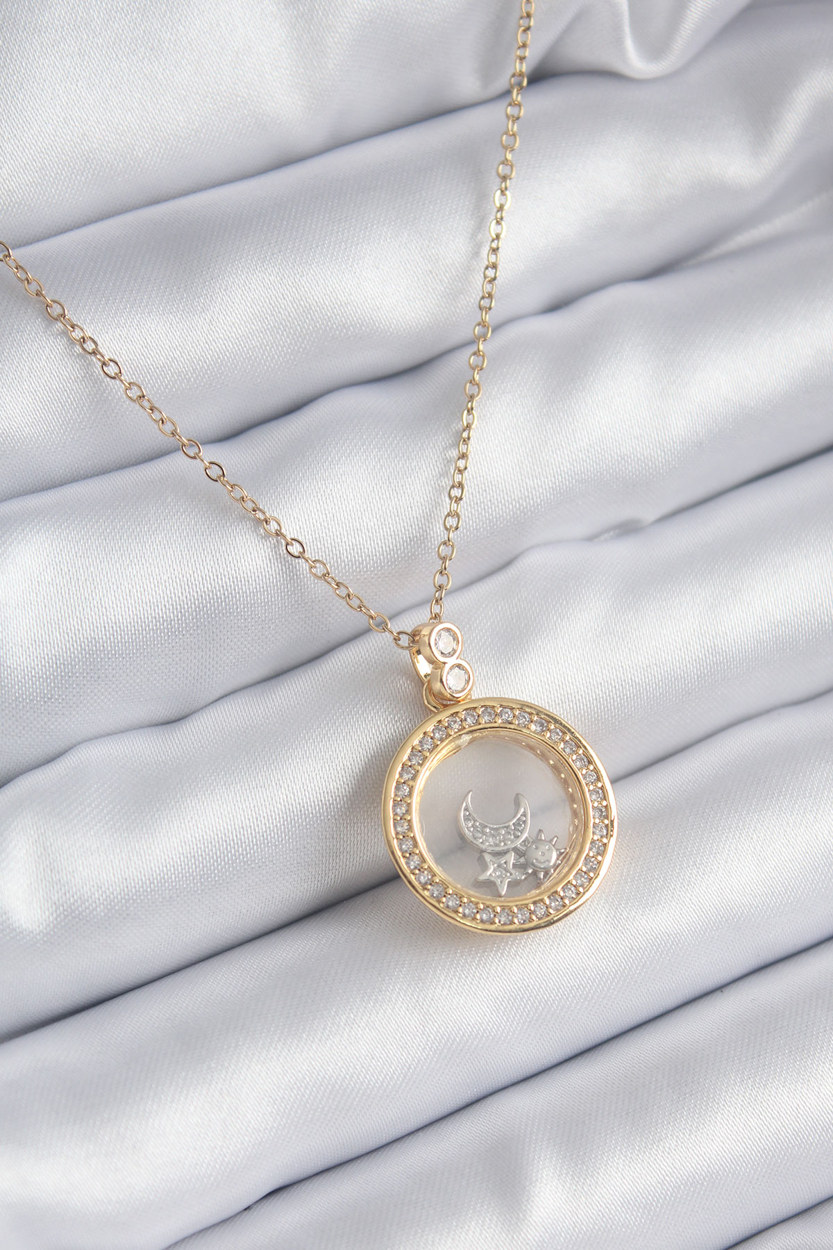 316L Çelik Gold Renk Zirkon Taş Detay Ay Yıldız Fanus Model Kadın Kolye 5886 1 316L Çelik Gold Renk Zirkon Taş Detay Ay Yıldız Fanus Model Kadın Kolye 5886
