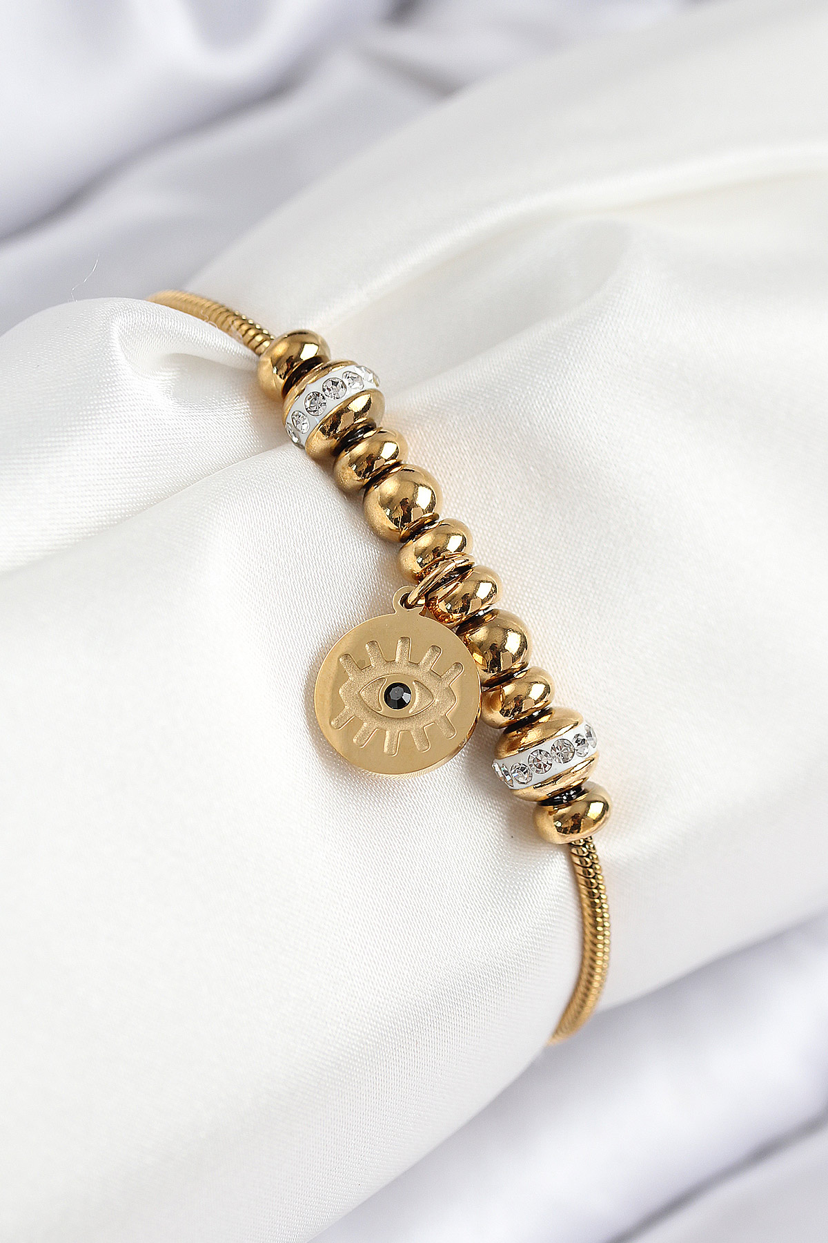316L Çelik Zirkon Taşlı Göz Charm Model Gold Renk Kadın Bileklik 5886 1 316L Çelik Zirkon Taşlı Göz Charm Model Gold Renk Kadın Bileklik 5886