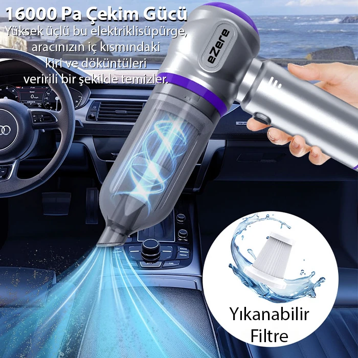 EZERE 16000pa Güçlü Portatif Taşınabilir Vakumlu Kablosuz Üflemeli Mini Araç Süpürgesi-(5775) 4 EZERE 16000pa Güçlü Portatif Taşınabilir Vakumlu Kablosuz Üflemeli Mini Araç Süpürgesi-(5775) - Görsel 4