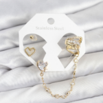 Pirinç Gold Renk Kalp Model Zincir Bağlantılı Ear Cuff Küpe Seti 5886