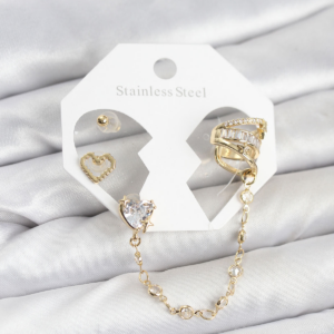 Pirinç Gold Renk Kalp Model Zincir Bağlantılı Ear Cuff Küpe Seti 5886