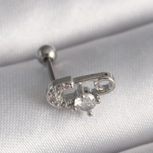 316L Çelik Gümüş Renk Zirkon Taşlı Toplu İğne Tragus Piercing 5886