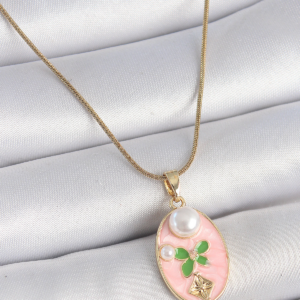 316L Çelik Gold Renk Zincir Pembe Mineli Oval İncili Çiçek İşlemeli Portre Model Kadın Kolye 5886