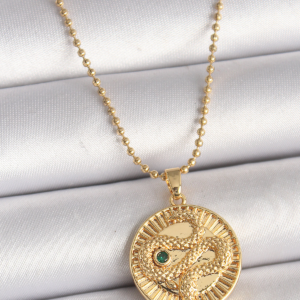 316L Çelik Gold Renk Topçuk Zincir Yılan İşlemeli Zirkon Taş Detaylı Madalyon Model Kadın Kolye 5886