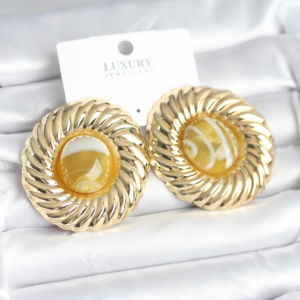 Pirinç Gold Renk Kehribar Boncuklu Vintage Kadın Küpe 5886