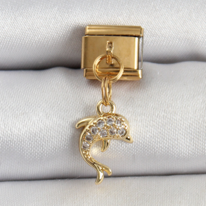 316L Çelik Sallantılı Zirkon Taşlı Yunus Balığı Model Gold Renk Nomination Charm 5886