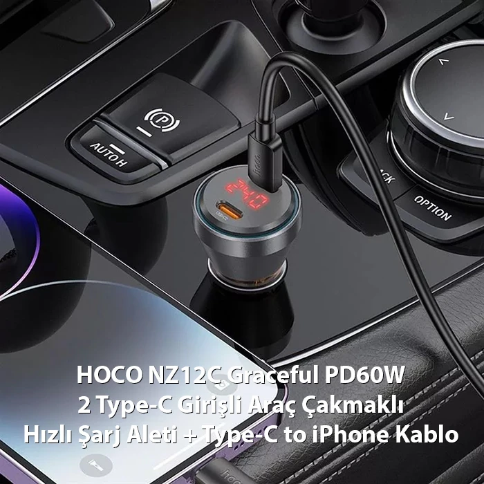HOCO NZ12C Graceful PD60W 2 Type-C Girişli Araç Çakmaklı Hızlı Şarj Aleti + Type-C to iPhone Kablo-(5775) 3 HOCO NZ12C Graceful PD60W 2 Type-C Girişli Araç Çakmaklı Hızlı Şarj Aleti + Type-C to iPhone Kablo-(5775) - Görsel 3