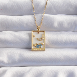 316L Çelik Zincir Gold Renk Ay Detay Mavi Zirkon Taşlı Tarot Kolye 5886