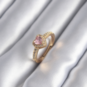 Pirinç Gold Renk Pembe Zirkon Taş Kalp Charm Model Kadın Yüzük 5886