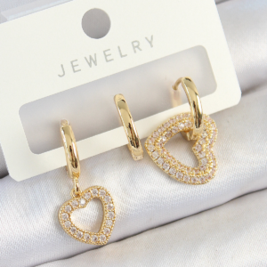 Pirinç Zirkon Taşlı Kalp Model Gold Renk 3'lü Çift Kadın Küpe Set 5886
