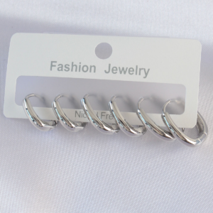 Pirinç Gümüş Renk Oval Küpe Seti 5886