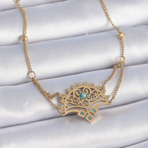 316L Çelik Gold Renk Mavi Taşlı Etnik Desen Kadın Bileklik 5886