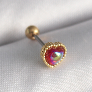 316L Çelik Gold Renk Kırmızı Mineli Kalp Tragus Piercing 5886